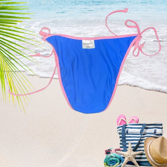 Sabree Bright Blue & Pink String Bikini Bottoms Adjustable Ties Size Small - Picture 4 of 8